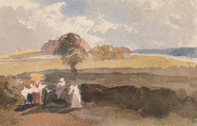 Landschapsschets met figuren op de voorgrond door Peter de Wint